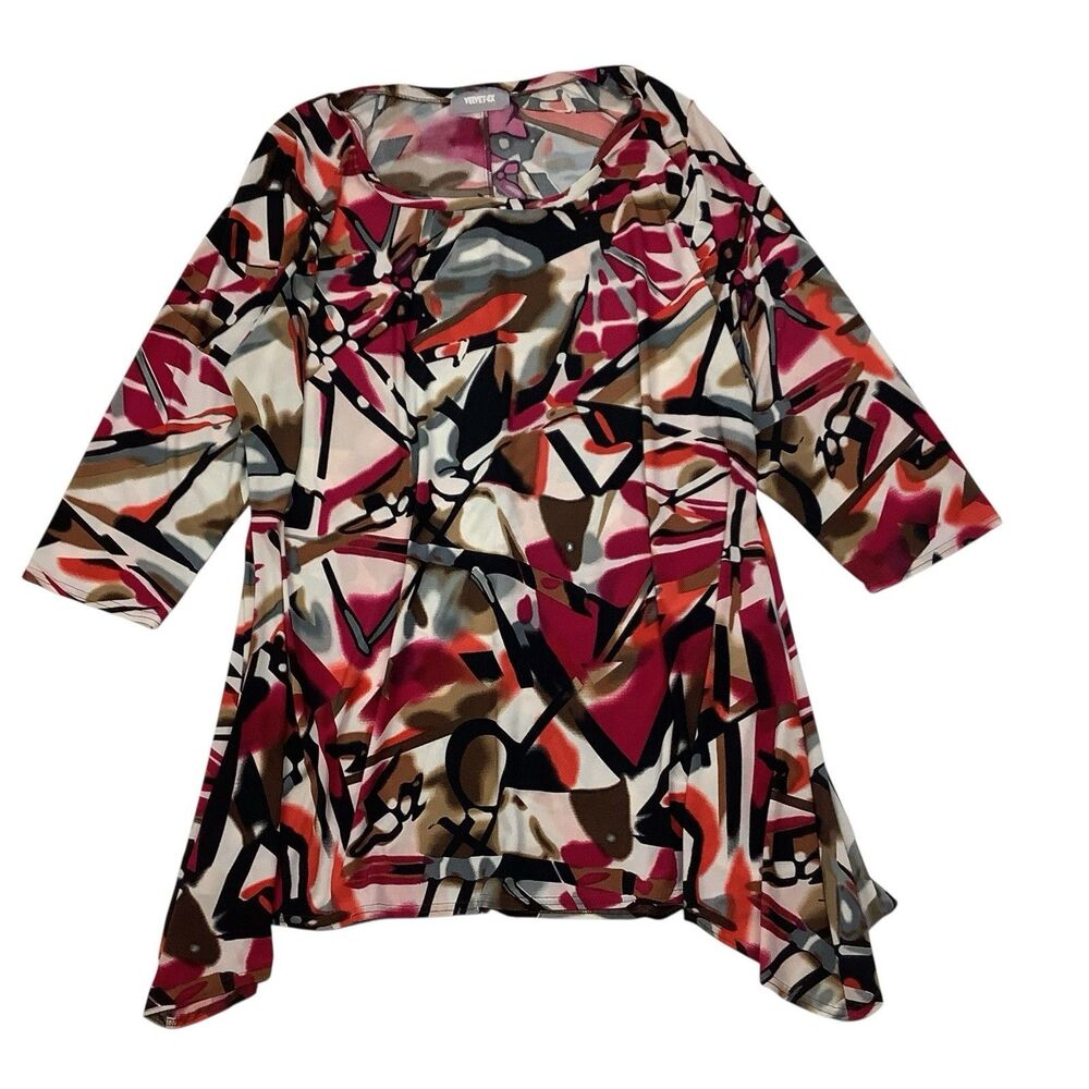 3/4 Sleeve Shark-bite Asymmetrical Tunic Top Abstract Geometric Women 3X Artsy